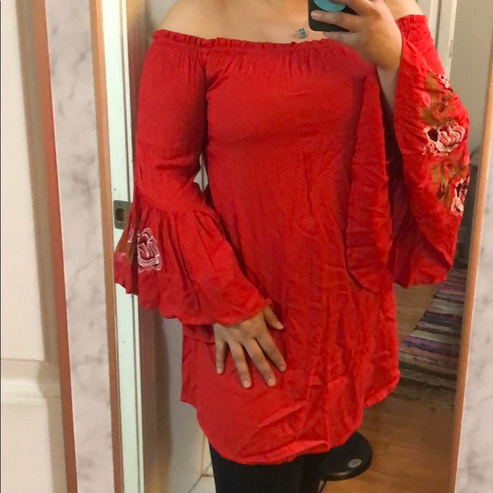 Red off shoulder linen dress
